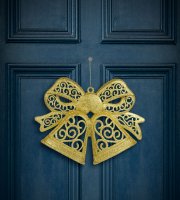 Vánoční dekorace, mašle, závěsná, s třpytkami, zlatá, 35 cm