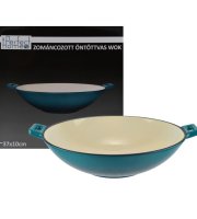 Smaragdově modrý smaltovaný litinový wok 37 cm