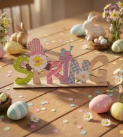 Jarní ležící stolní dekorace ze dřeva – s skřítkem