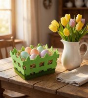 Velikonoční dekorace – filcový košík – ve tvaru plotu – 19,5 x 13,2 x 11,7 cm