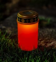Zápichová solární svíčka – blikající teplá bílá LED – 7,3 x 20,5 cm – červená / bílá