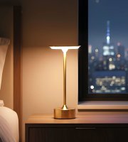 Stolní lampa – zlatý kov – nastavitelná barevná teplota, jas – akumulátorová – USB