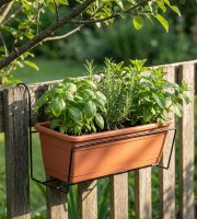 Držák na truhlík - kovový, černý - na zábradlí - 40 x 22 cm