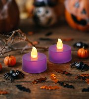 Halloweenská svítící dekorace – LED čajová svíčka – fialová – 2 ks / balení
