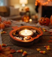 Halloweenská dekorace – držák na čajovou svíčku – dýně – MDF – 11 x 11 x 1,8 cm