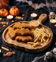 Halloweenský servírovací/podávací talíř s rukojetí – dřevěný – motiv dýně – 26,5 x 20 x 1,5 cm