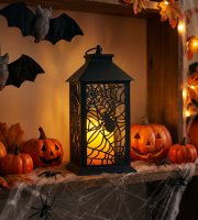 Halloweenová blikající lucerna – pavouk – na baterie – černá – 30 x 14 cm