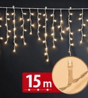 Světelný závěs – 15 m – teplá bílá – 600 LED – 100–240 V – 6 W – průhledný kabel
